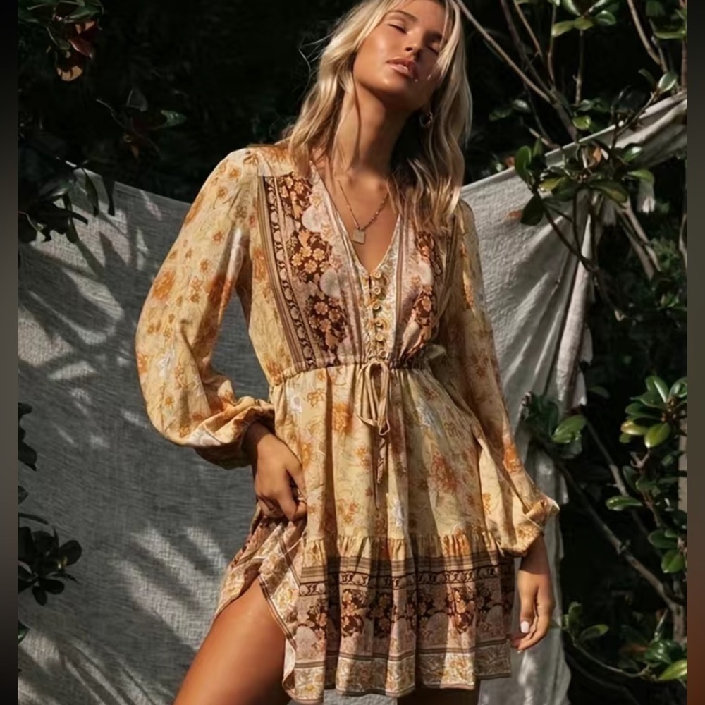 NEW Boho Golden Floral Long Sleeve Gypsy Dress